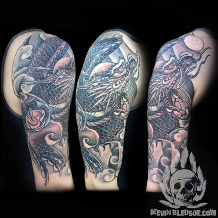 Kevin Bledsoe - Black n Grey Japanese Dragon Half Sleeve